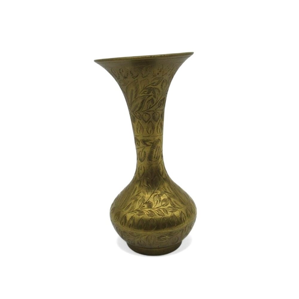 BRASS VASE Etched with Detailed Floral Motif India Vintage 6"